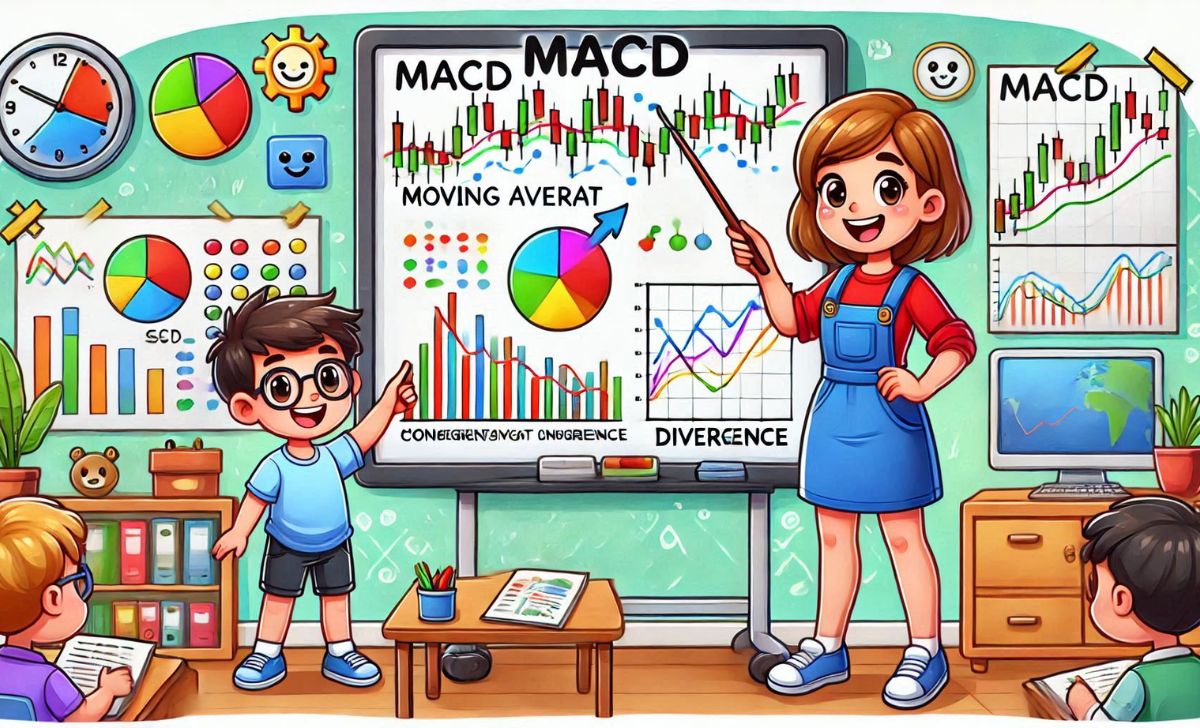 MACD measures the difference between two moving averages to identify trends