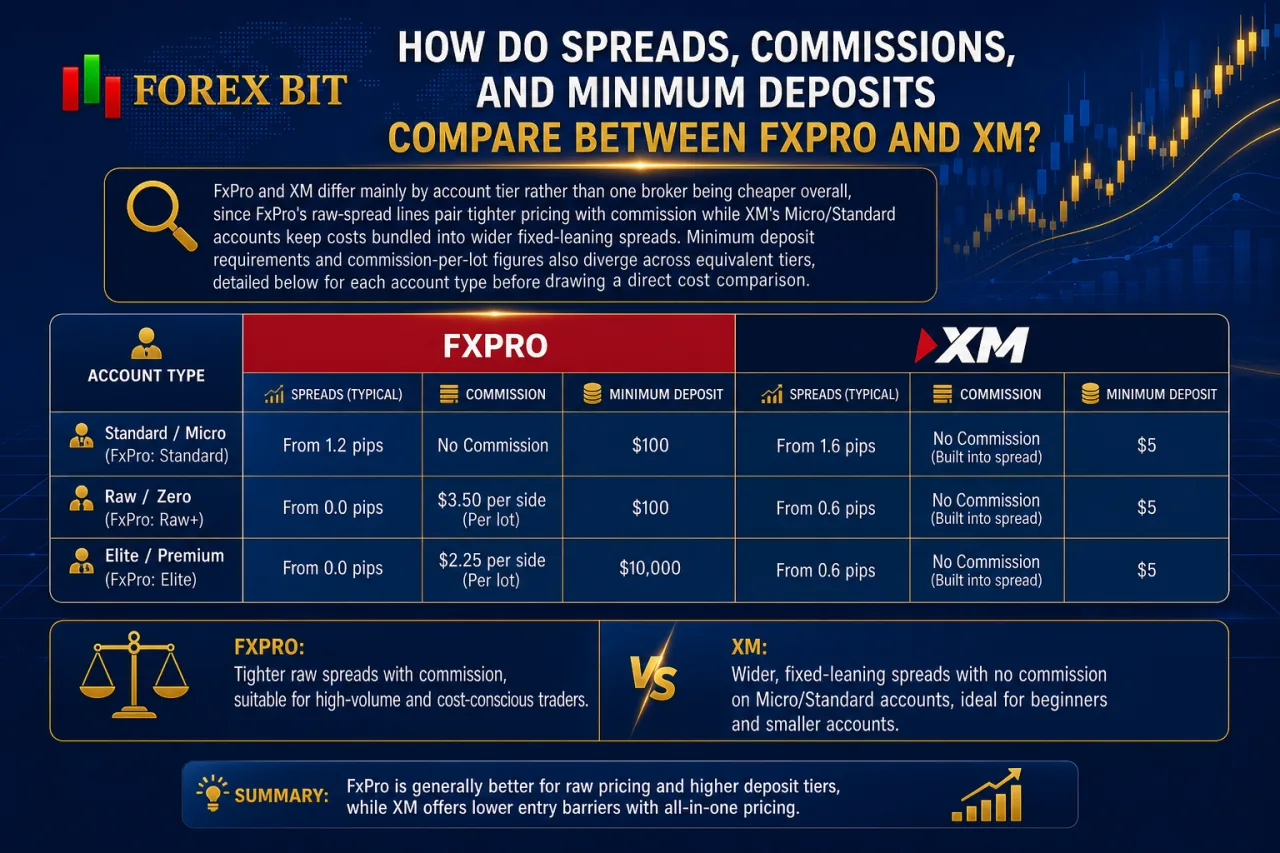 How Do Spreads, Commissions, and Minimum Deposits Compare Between FxPro and XM