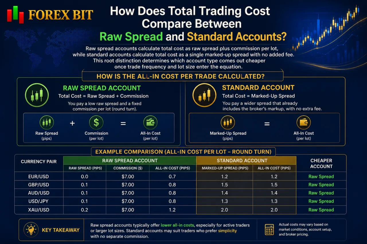 How Does Total Trading Cost Compare Between Raw Spread and Standard Accounts