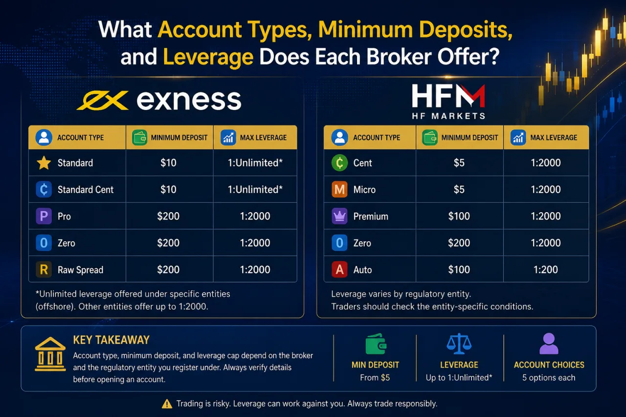What Account Types, Minimum Deposits, and Leverage Does Each Broker Offer