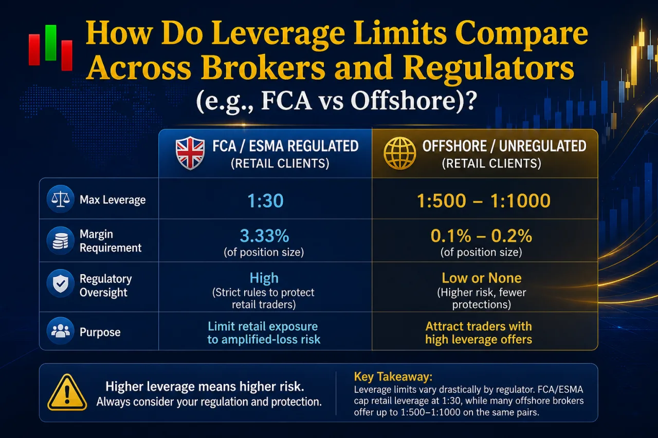 How Do Leverage Limits Compare Across Brokers and Regulators (e.g., FCA vs Offshore)