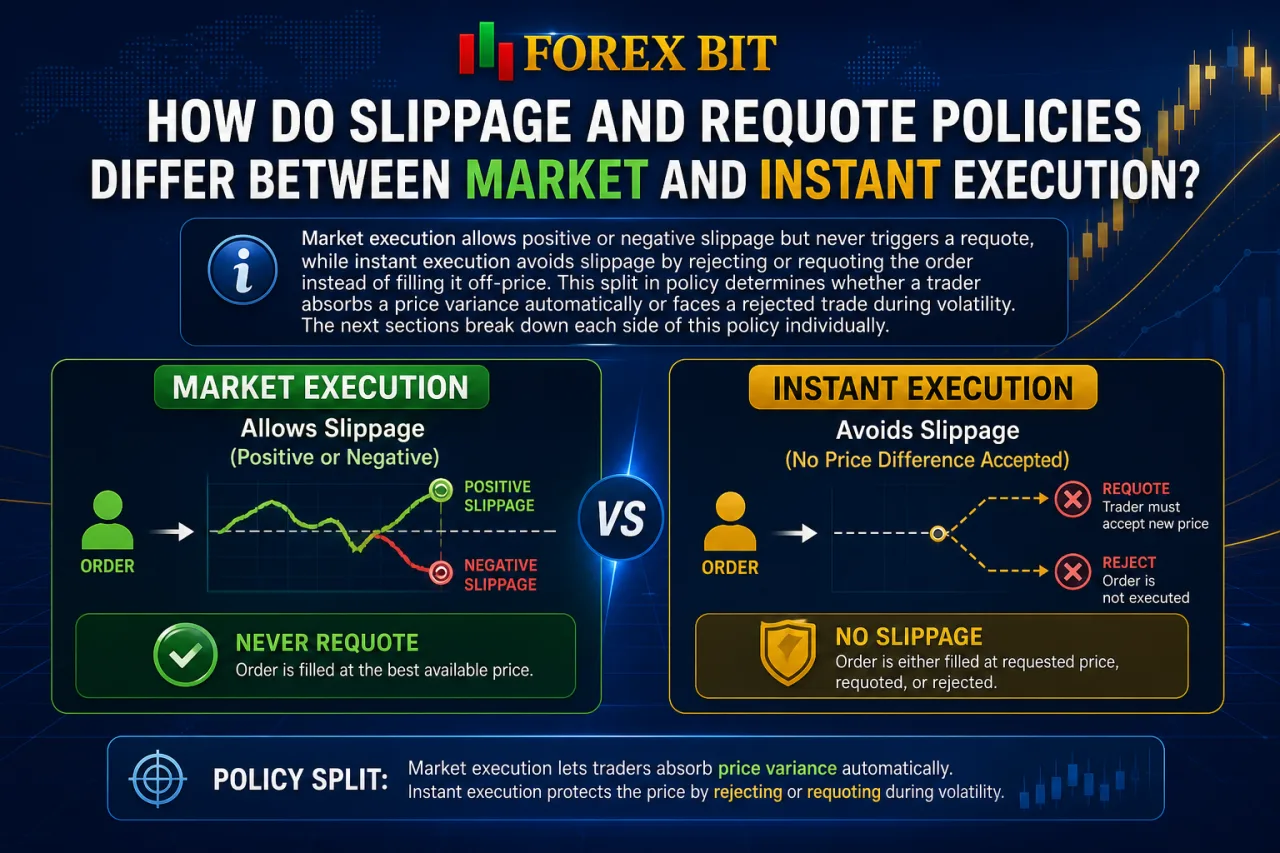 How Do Slippage and Requote Policies Differ Between Market and Instant Execution